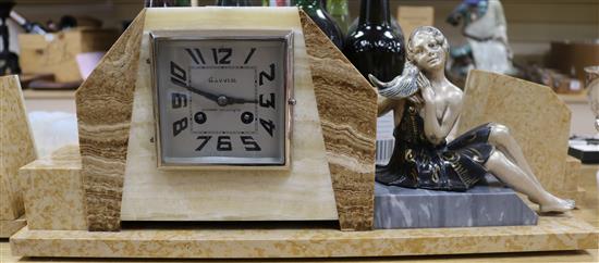 A French Art Deco spelter mounted marble clock garniture